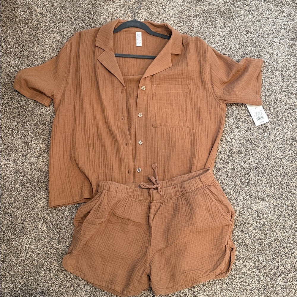 Brown Button-Up Shirt and Shorts Lounge Set